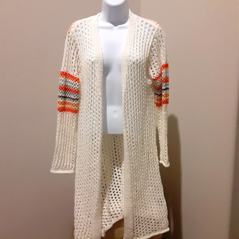 POL Cream Open Knit Cardigan with Orange and Gray Sleeve Stripes